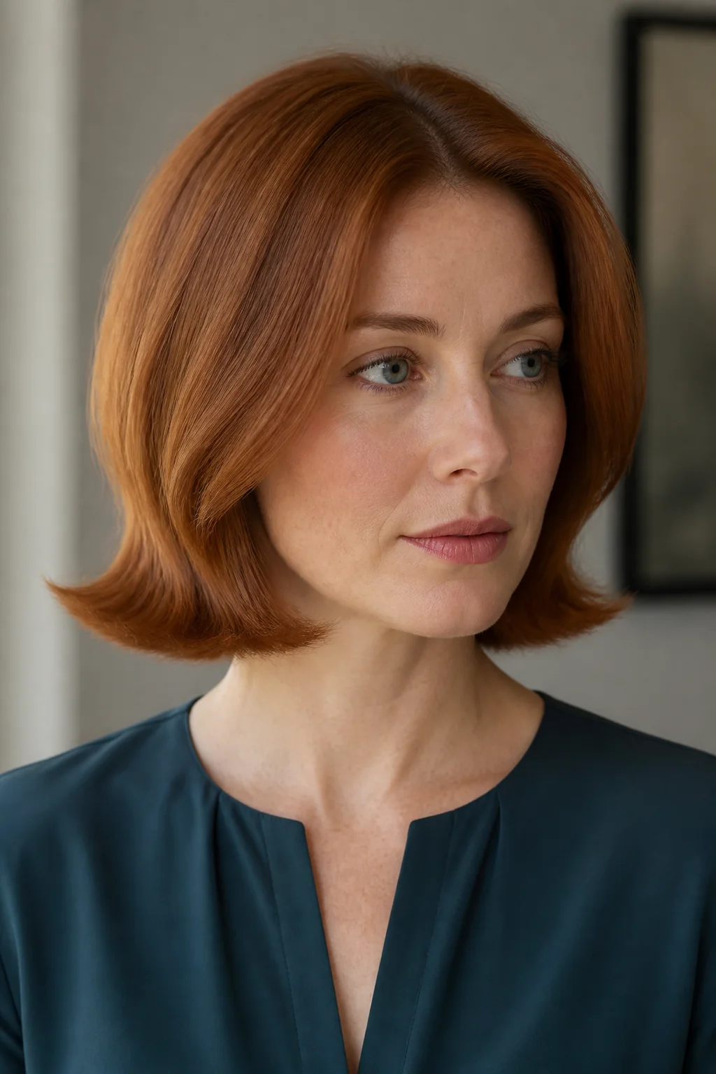 White woman with copper hair wearing an Italian bob with flipped ends