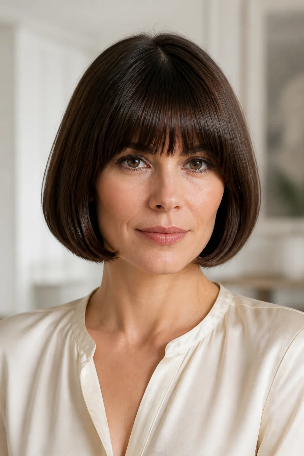 White woman with dark brown hair wearing an Italian bob with full soft bangs