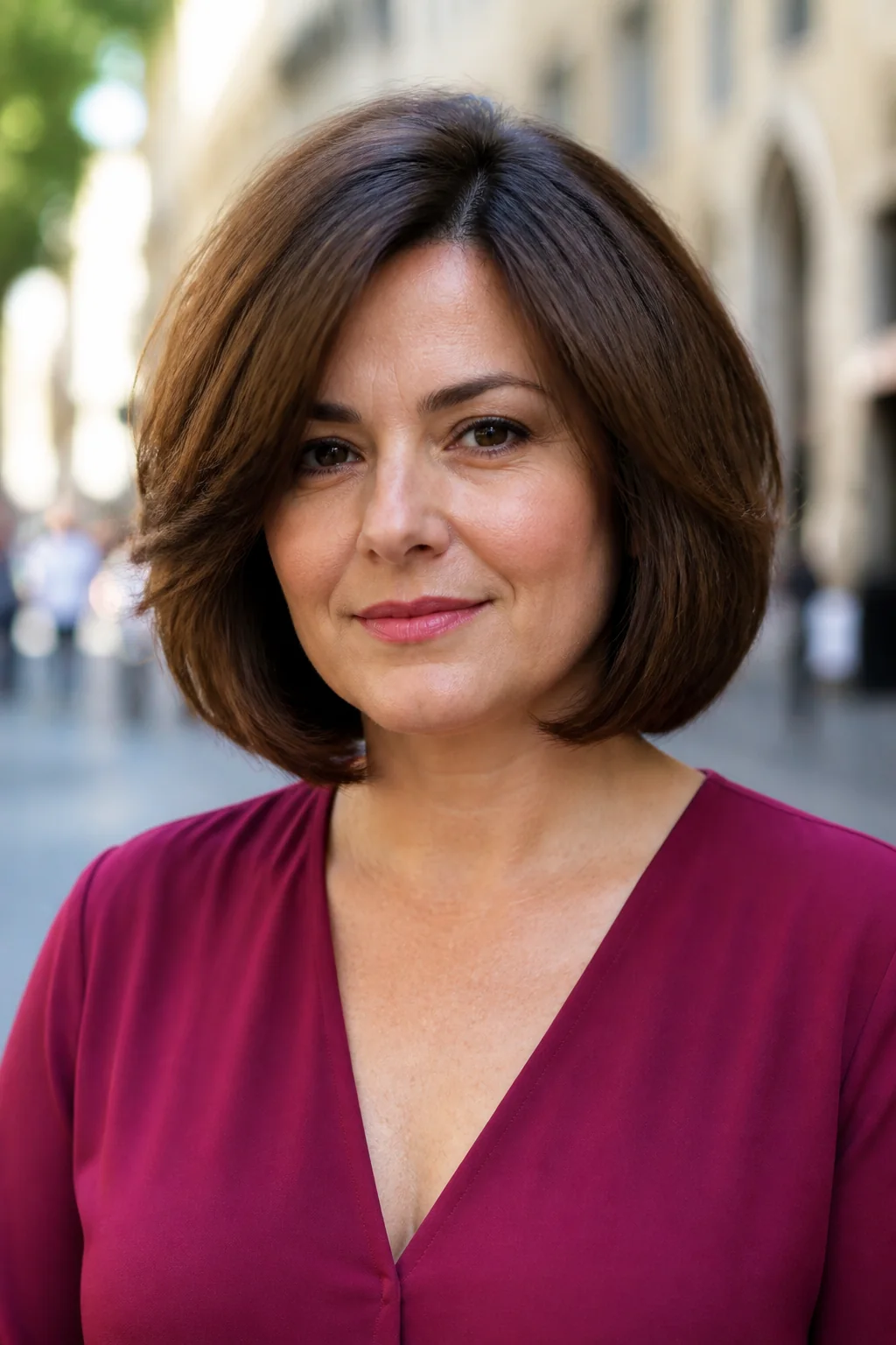 White woman with a round face wearing an Italian bob with longer front pieces