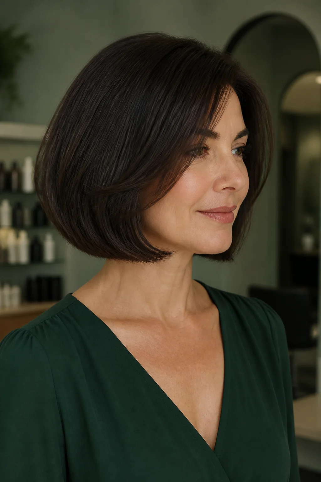 White woman with thick dark hair wearing an Italian bob with hidden layers