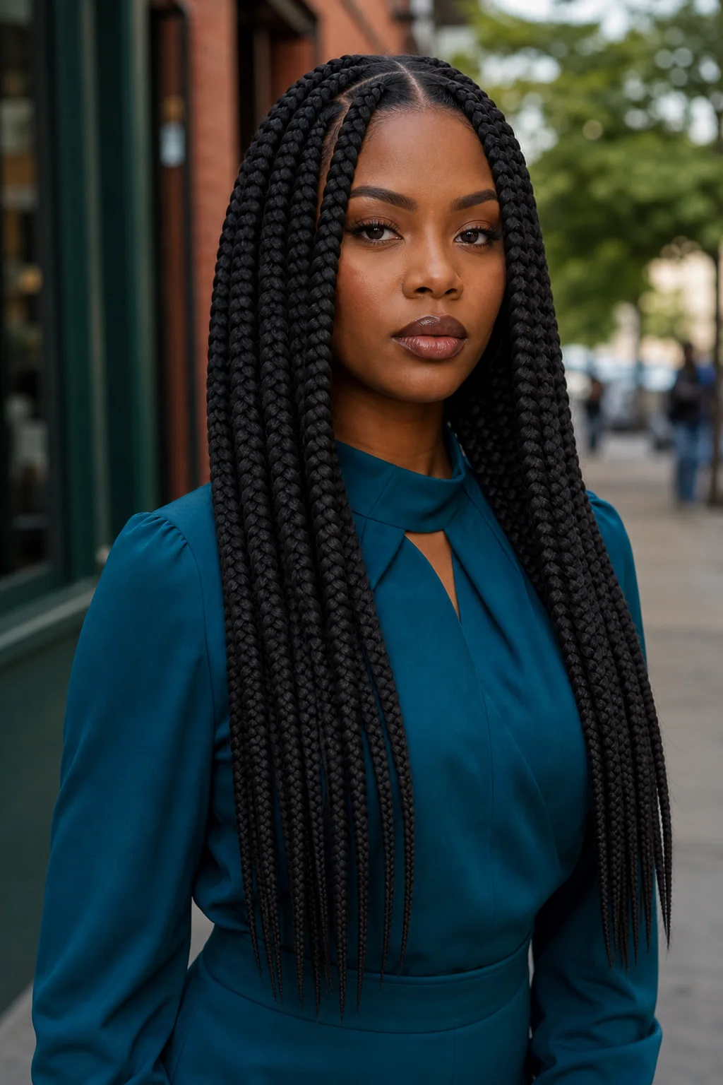 Black woman with bold jumbo box braids