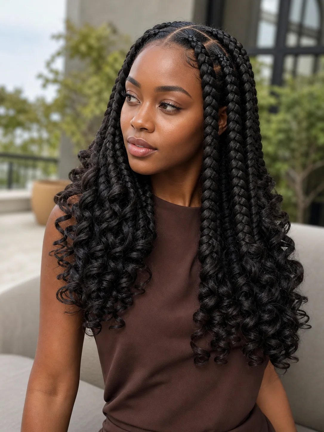 Jumbo French curl braids with bold curled ends