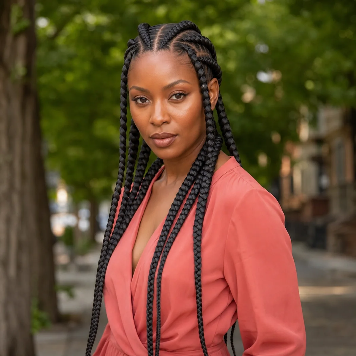 Jumbo Fulani braids with broad clean parts