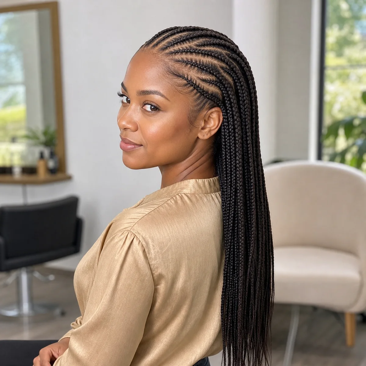 Fulani cornrows flowing into knotless braids at the back