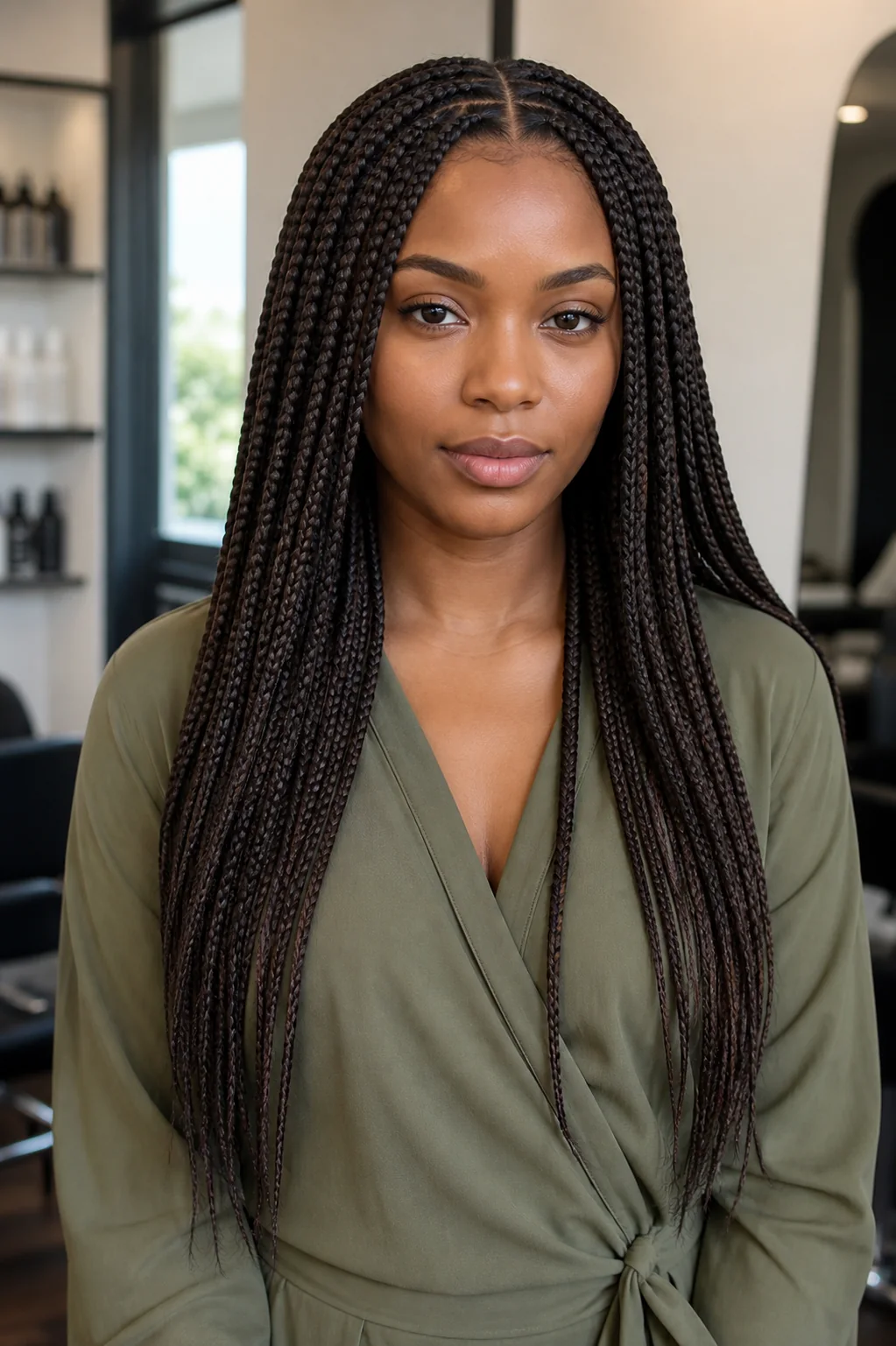Black woman with flat-rooted knotless box braids