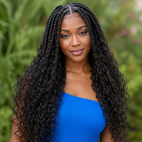 Black woman with large knotless boho braids and voluminous curls