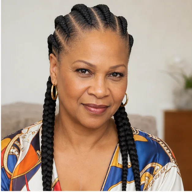 Black woman with large feed-in braids and clean parts
