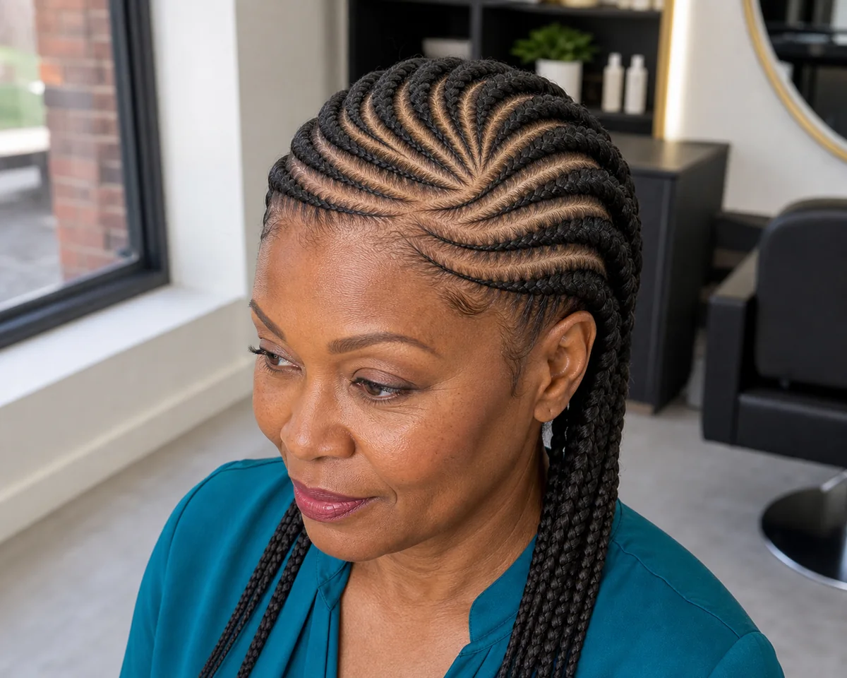Black woman with layered feed-in braid pattern