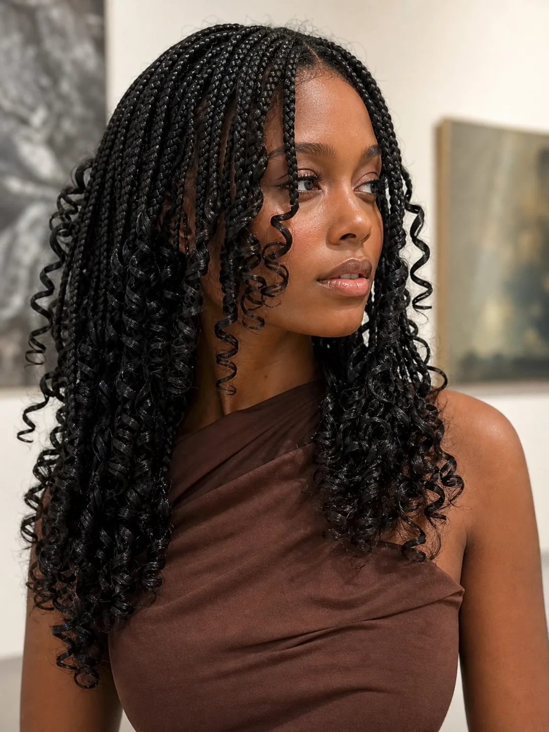 Layered French curl braids with cascading spirals