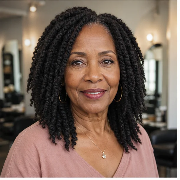 Black woman with layered Marley twists around the face