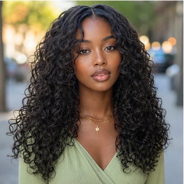 Woman with long curls and face-framing layers