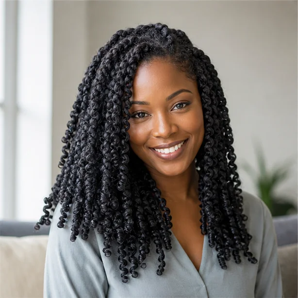 Black woman wearing long finger coils on natural hair