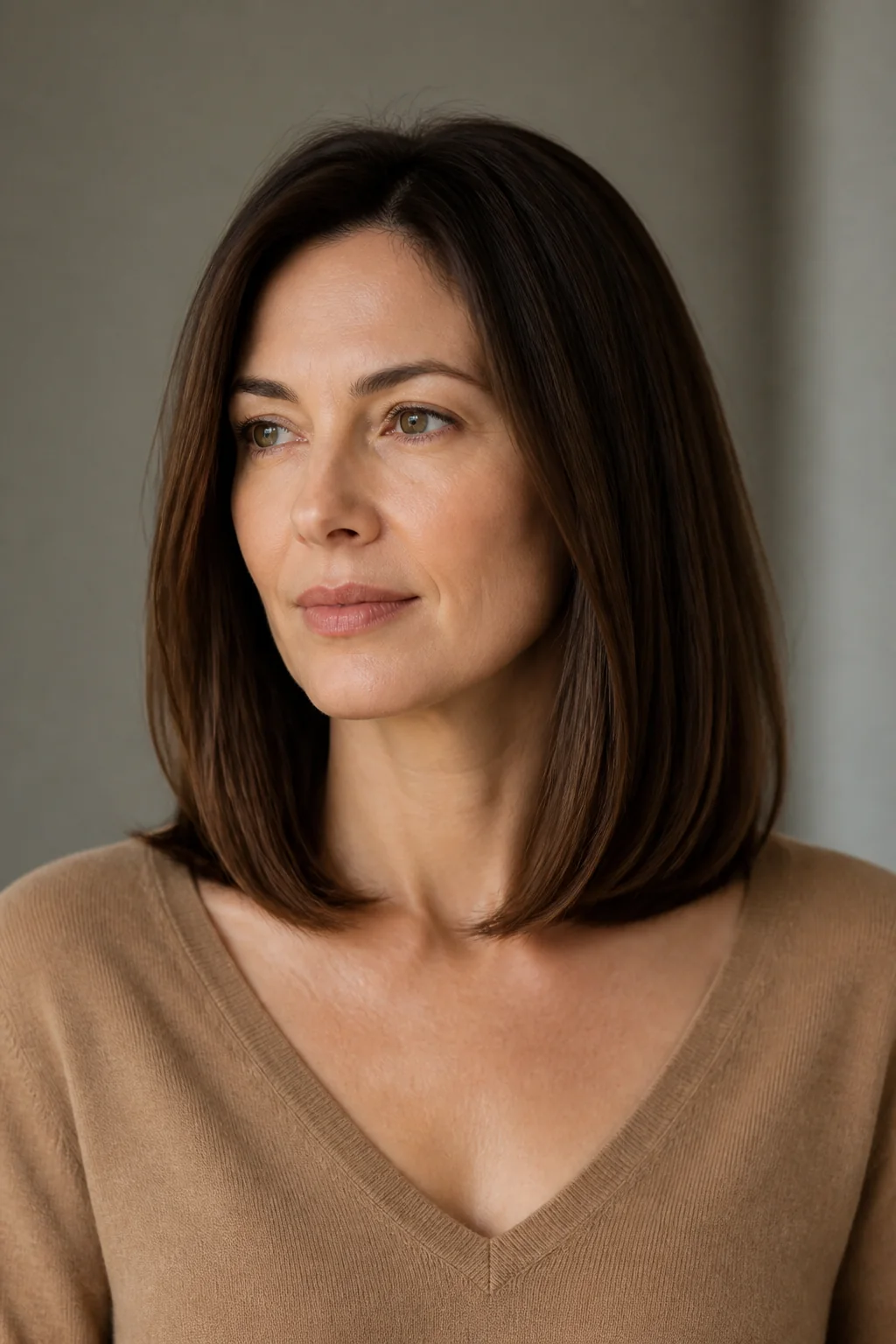 White woman with chestnut hair wearing a long Italian bob grazing the shoulders