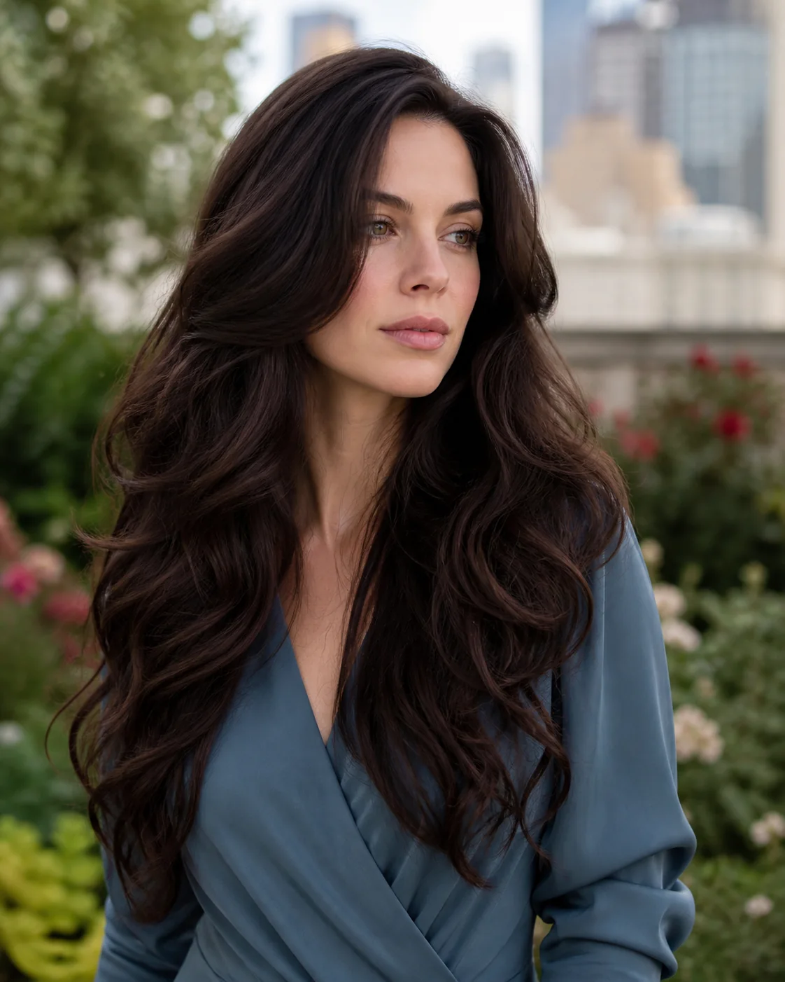 White woman wearing long layered brunette brushed-out curls