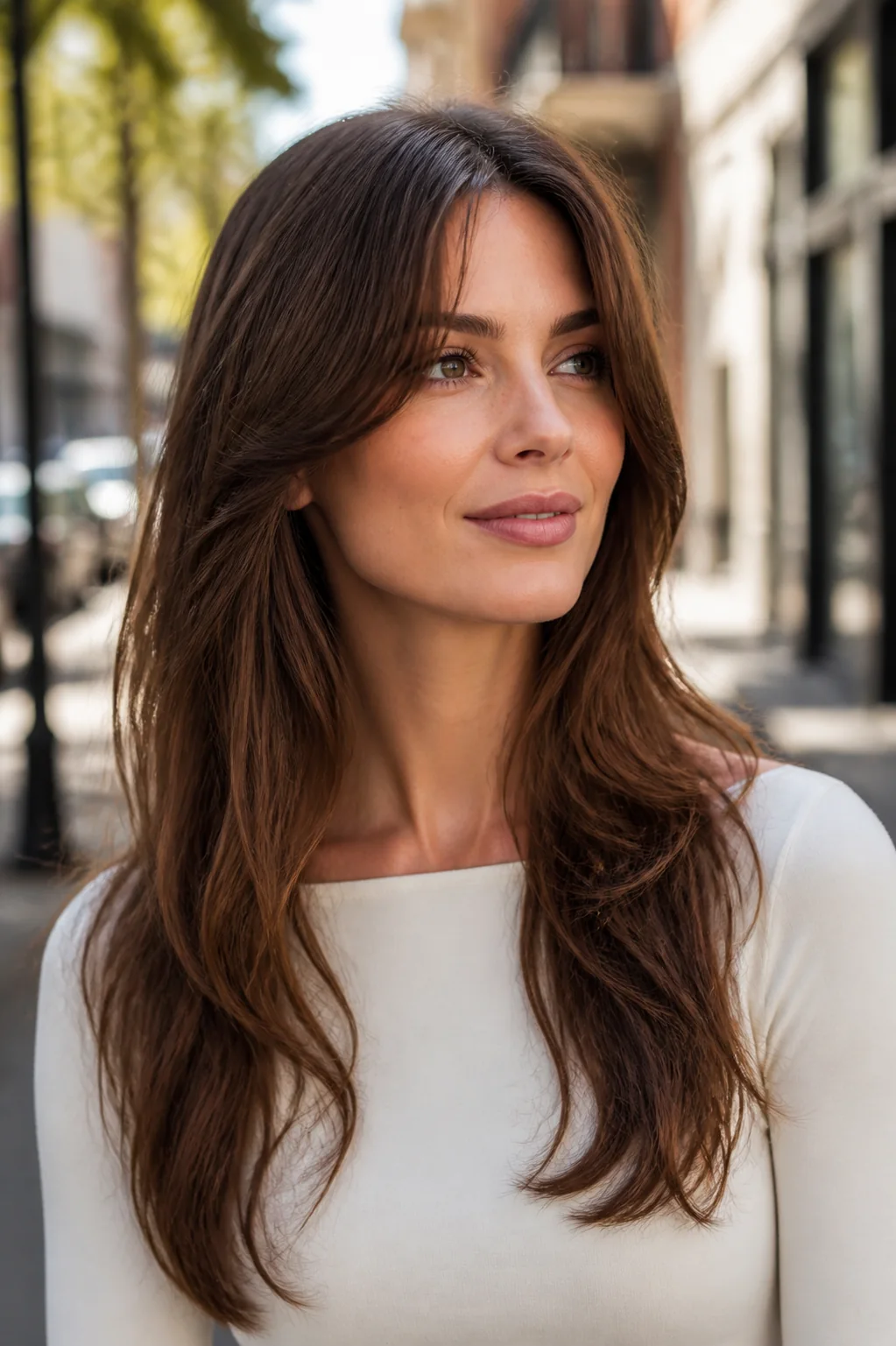 White woman with long brunette layered hair and soft curtain bangs