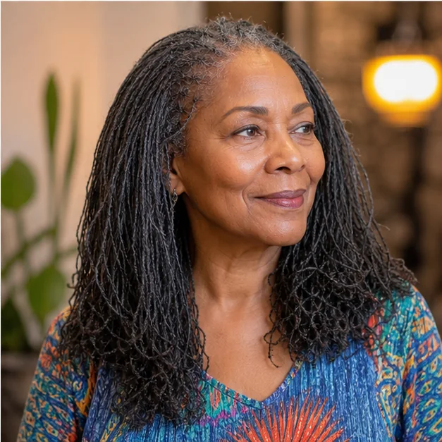 Black woman over 50 with long layered Sisterlocks