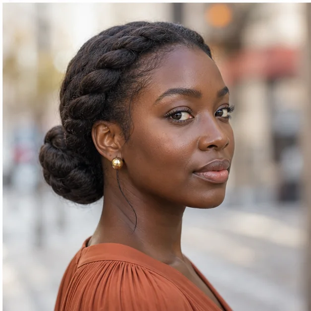 Black woman with a loose braided low bun on natural hair