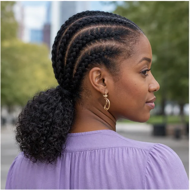 Black woman with broad cornrows gathered into a low ponytail