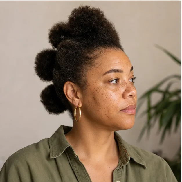 Black woman with a row of loose mini puffs forming a mohawk