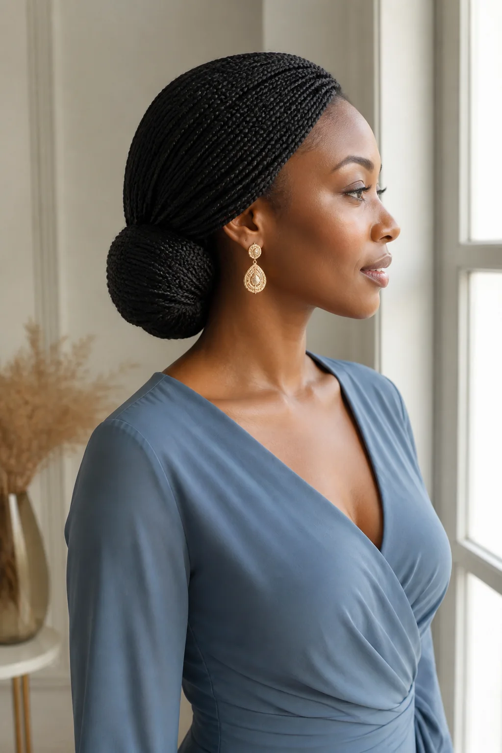 Black woman with box braids arranged in a low bun