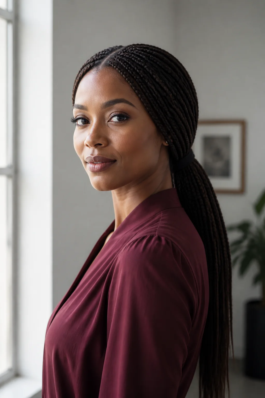 Black woman with box braids in a sleek low ponytail