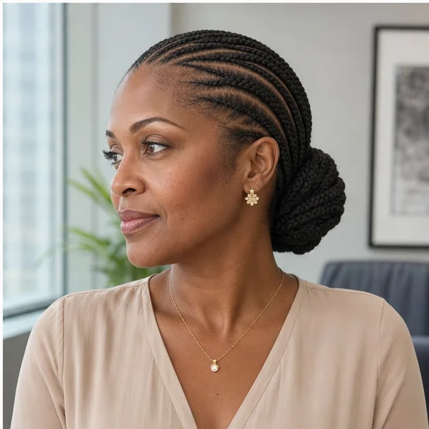 Black woman with feed-in braids in a low bun