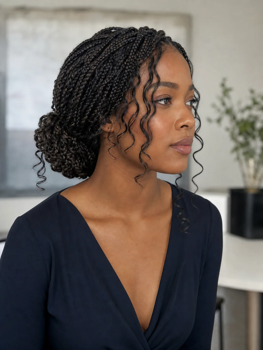 French curl braids arranged in a low bun with loose spirals