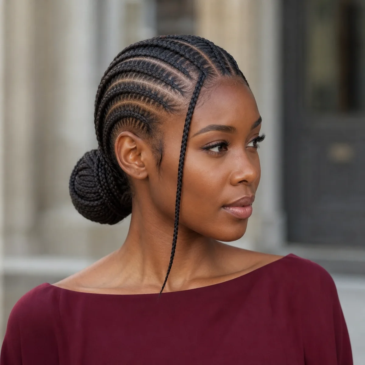 Fulani braids wrapped into an elegant low bun