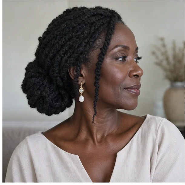 Black woman wearing Marley twists in a low bun