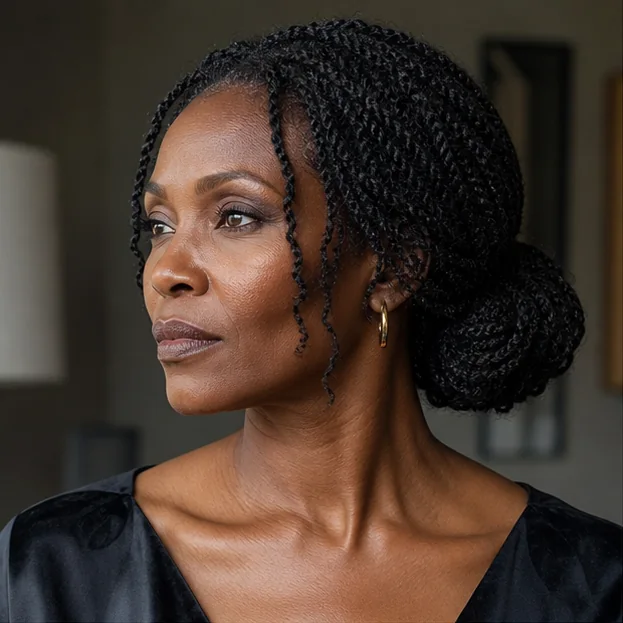 Black woman wearing mini twists in a low bun