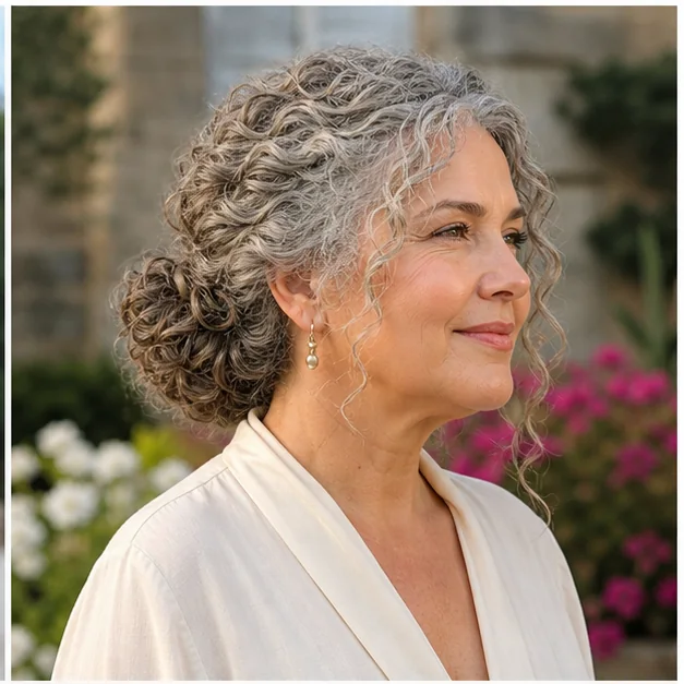Woman wearing a low curly bun with tendrils