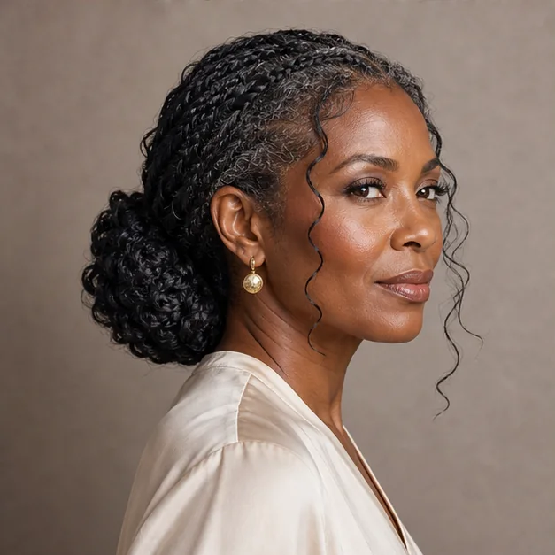 Black woman with goddess braids in a low bun
