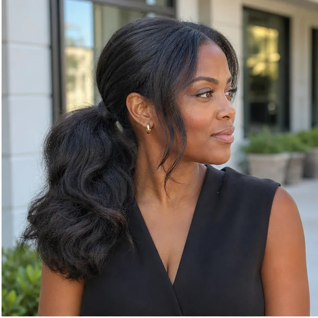 Black woman with a full low ponytail made from a fluffy press