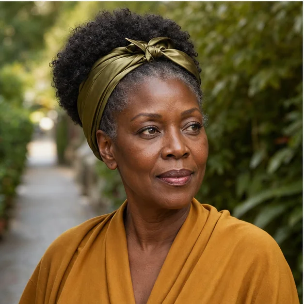 Black woman wearing a low natural-hair puff with a satin tie