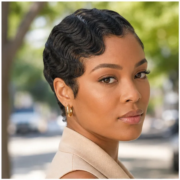 Black woman wearing low-sheen finger waves for everyday style