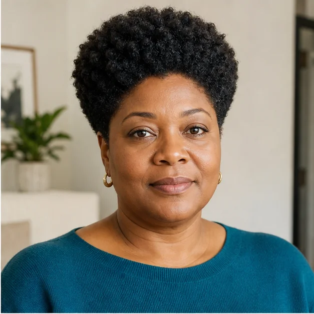Black woman wearing a tapered Afro with a low temple taper and full crown