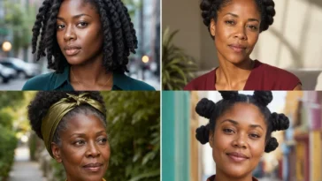 Collage of four Black women wearing distinct low-tension protective hairstyles on natural hair