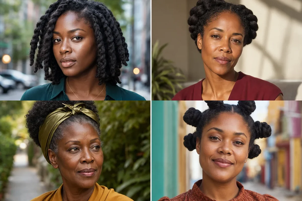Collage of four Black women wearing distinct low-tension protective hairstyles on natural hair