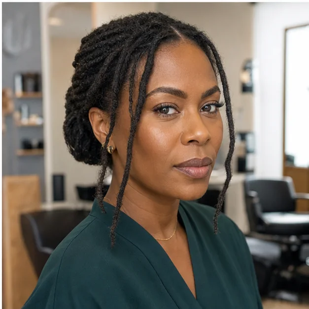 Black woman wearing short locs in a low tucked updo