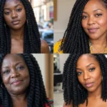 Collage of four full and natural-looking Marley twist hairstyles on Black women