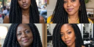Collage of four full and natural-looking Marley twist hairstyles on Black women