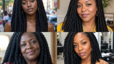 Collage of four full and natural-looking Marley twist hairstyles on Black women
