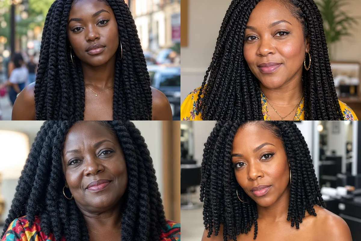 Collage of four full and natural-looking Marley twist hairstyles on Black women