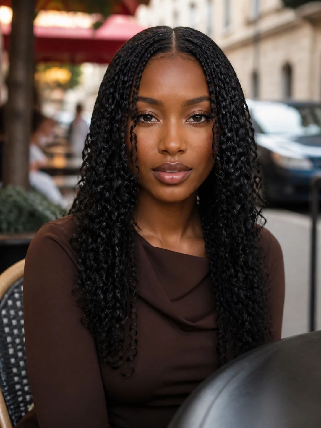 French curl braids with a clean middle part