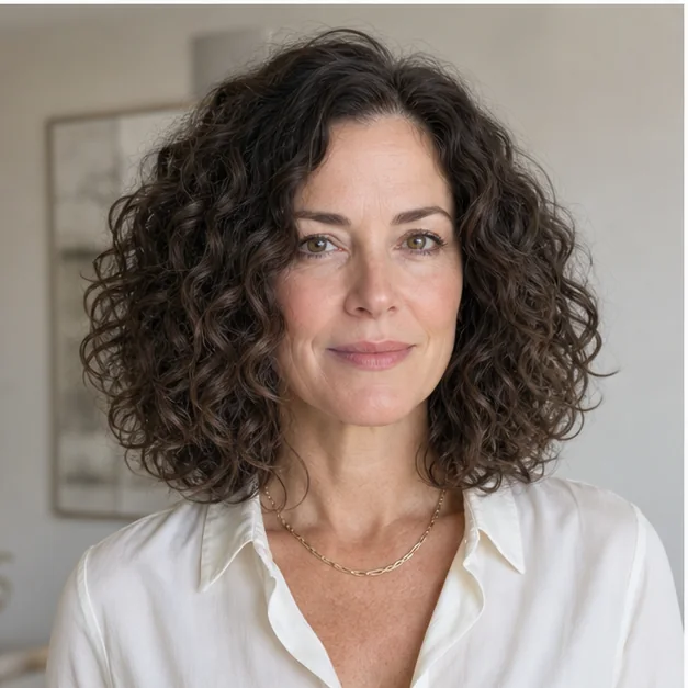 Woman with a middle-parted curly lob