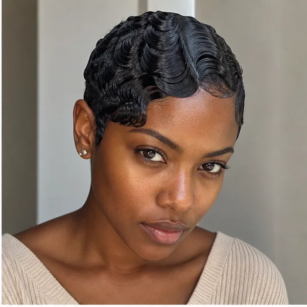 Black woman with tiny finger waves on a teeny weeny afro