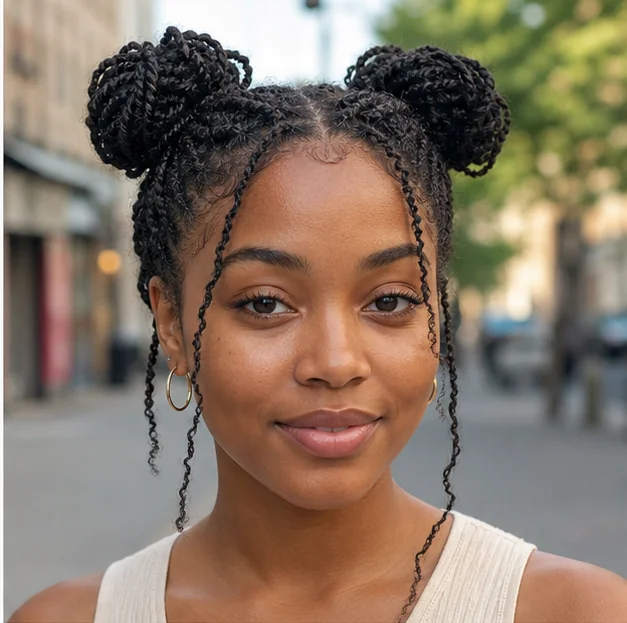 Black woman wearing mini twists in two space buns