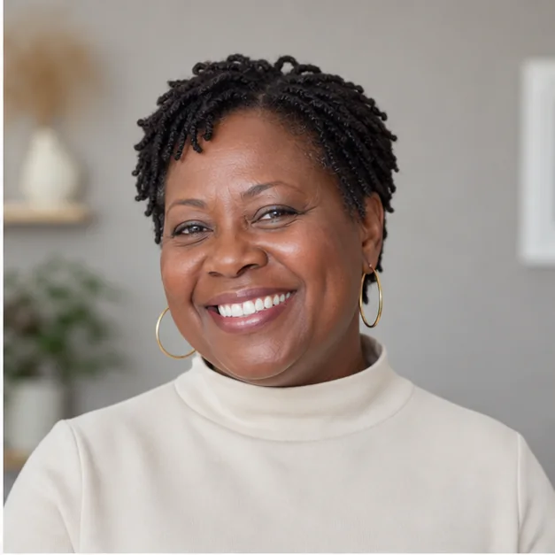 Black woman with mini twists styled into a tapered Afro silhouette