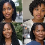 Collage of four mini twists hairstyles on Black women