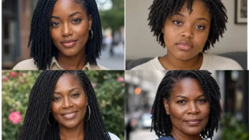 Collage of four mini twists hairstyles on Black women